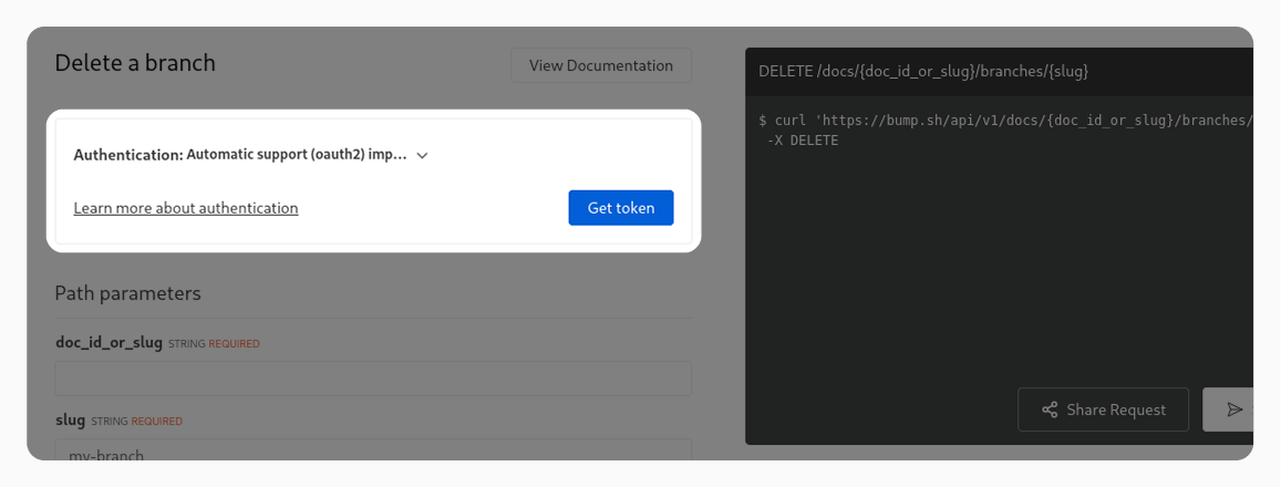 Image of the authorization box with an implicit oauth2 flow and the “Get token” button